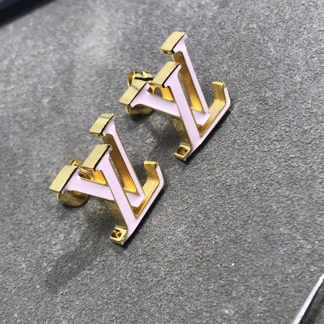 LV LOGO PINK AND BLACK GOLD STUD EARRINGS