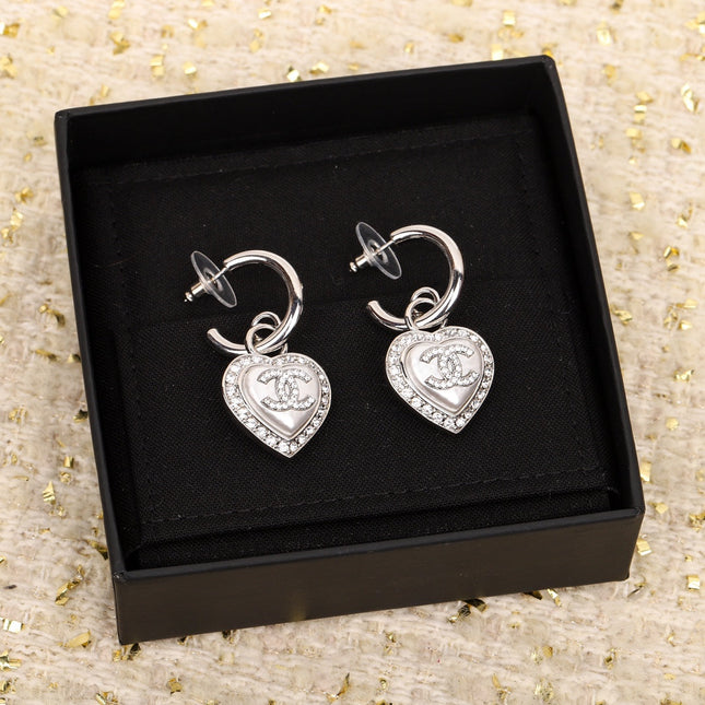 DOUBLE C DROP HEART SILVER DIAMONDS EARRINGS