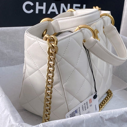 CC 2Way Chain Shoulder Tote Bag White Leather